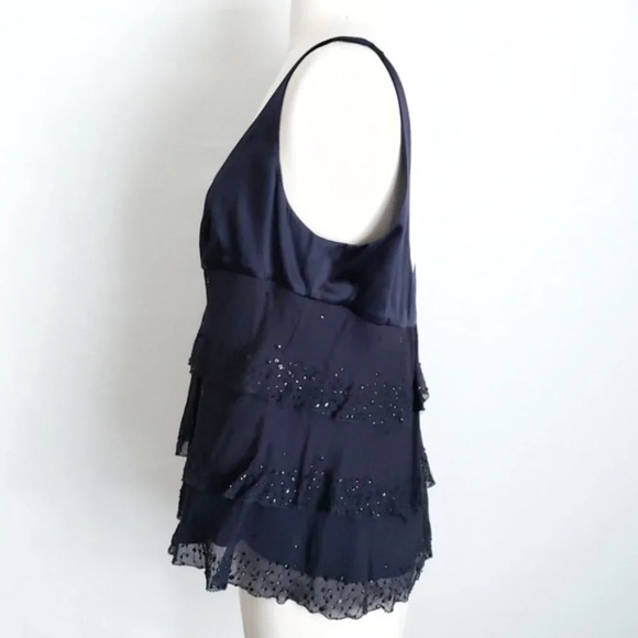 Diane Von Furstenberg Blue Beaded Silk Ruffle Sleeveless Top - Picture 3 of 8